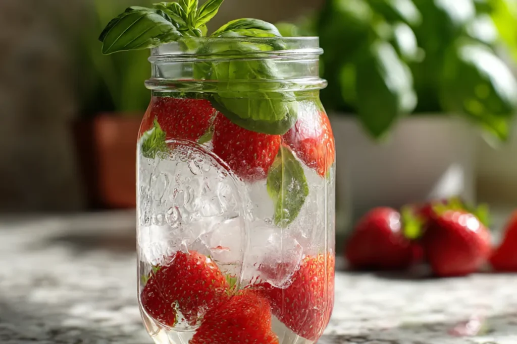 7 Easy Infused Water Recipes to Boost Energy & Glow 3 Strawberry basil infused water in a mason jar with ice