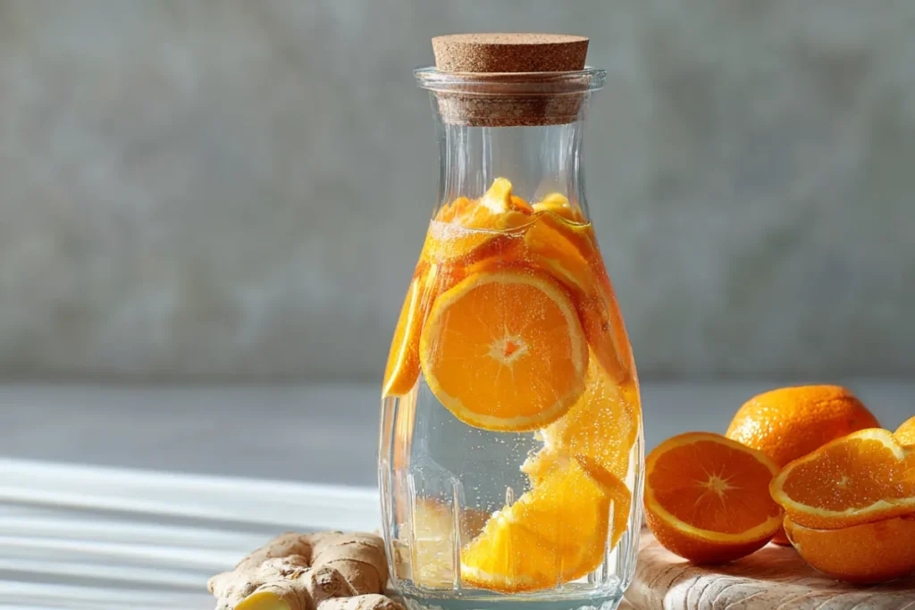 7 Easy Infused Water Recipes to Boost Energy & Glow 4 Orange and ginger infused water in a glass carafe