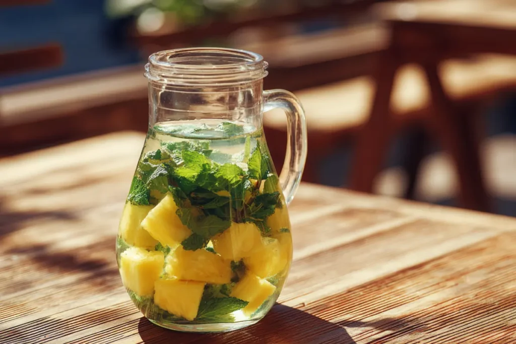 7 Easy Infused Water Recipes to Boost Energy & Glow 5 Pineapple mint infused water on a wooden table