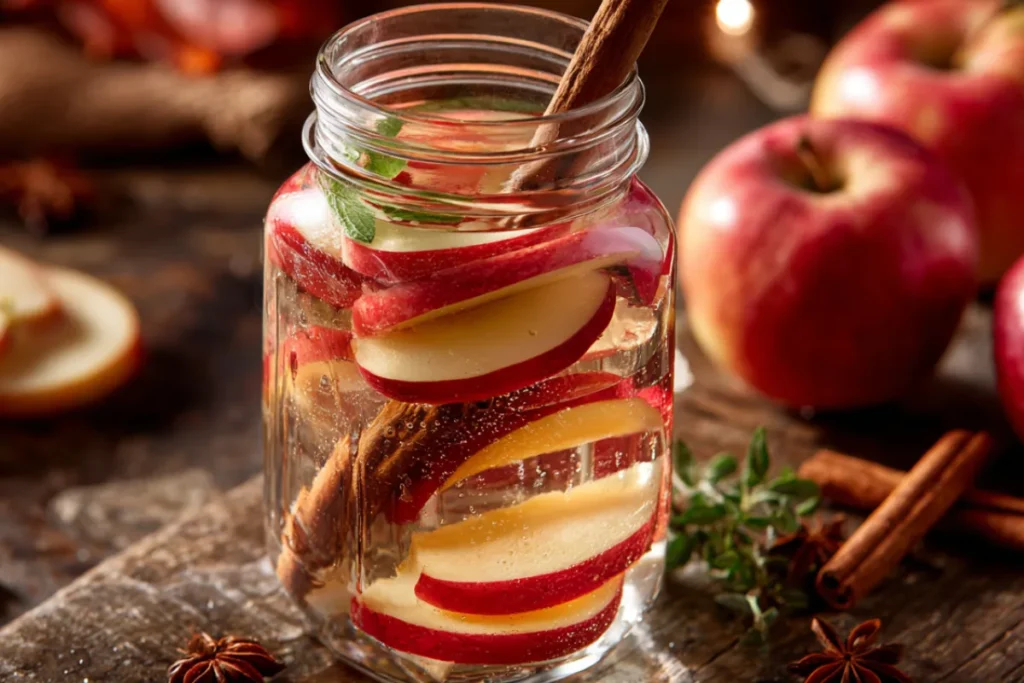 7 Easy Infused Water Recipes to Boost Energy & Glow 7 Apple and cinnamon infused water in a cozy fall setting