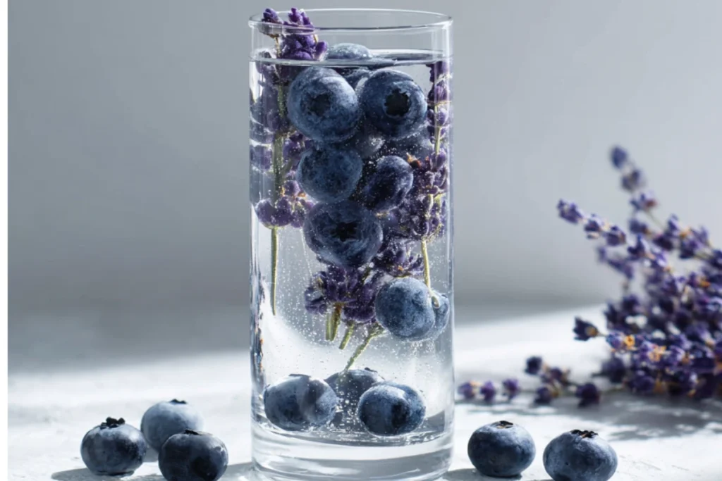 7 Easy Infused Water Recipes to Boost Energy & Glow 6 Blueberry lavender infused water with floating herbs