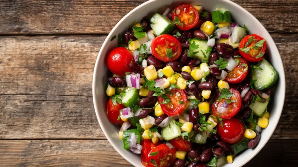 Mediterranean Black Bean and Corn Salad in white ceramic bowl