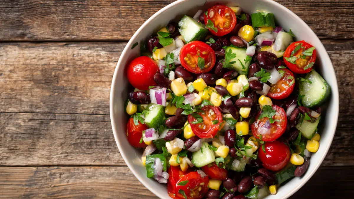 Mediterranean Black Bean and Corn Salad in white ceramic bowl
