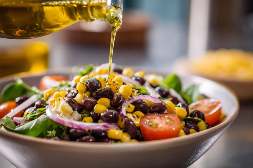 Mediterranean Black Bean and Corn Salad (Easy, Fresh & Flavorful Guide) 15 Pouring lemon dressing on Mediterranean bean salad