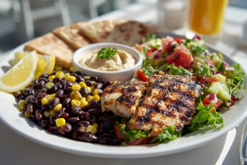 Mediterranean Black Bean and Corn Salad (Easy, Fresh & Flavorful Guide) 18 Mediterranean black bean salad with grilled chicken and pita