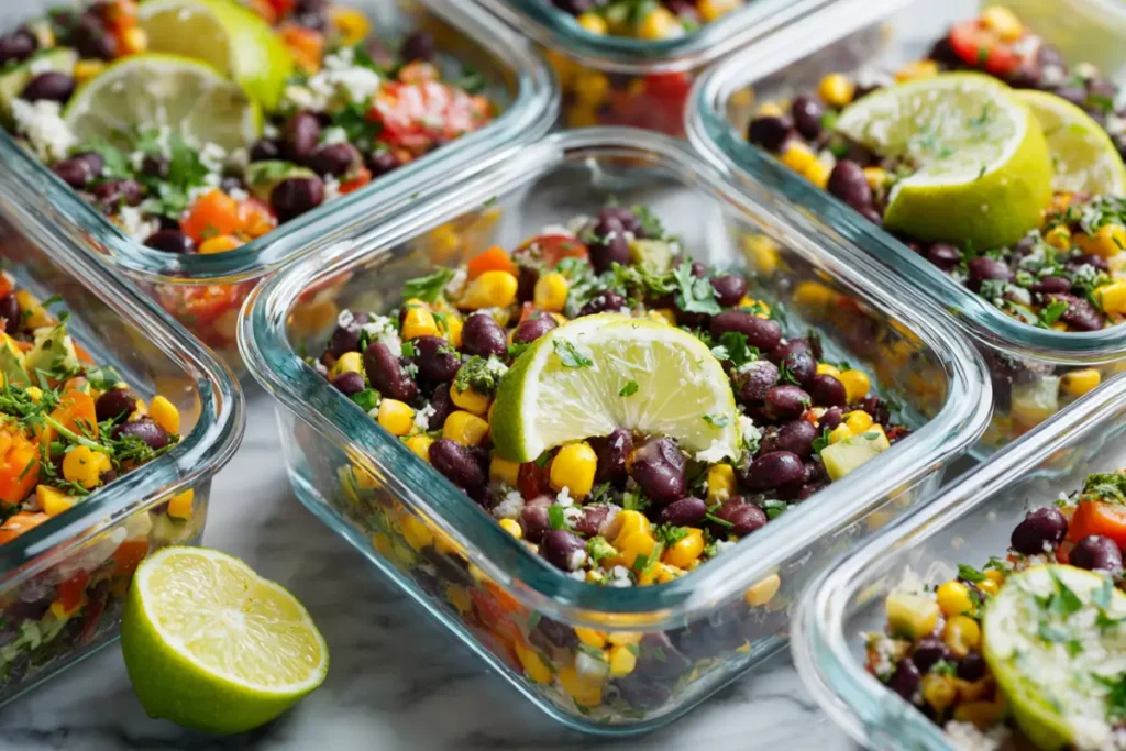 Mediterranean Black Bean and Corn Salad (Easy, Fresh & Flavorful Guide) 19 Mediterranean salad in glass meal prep containers