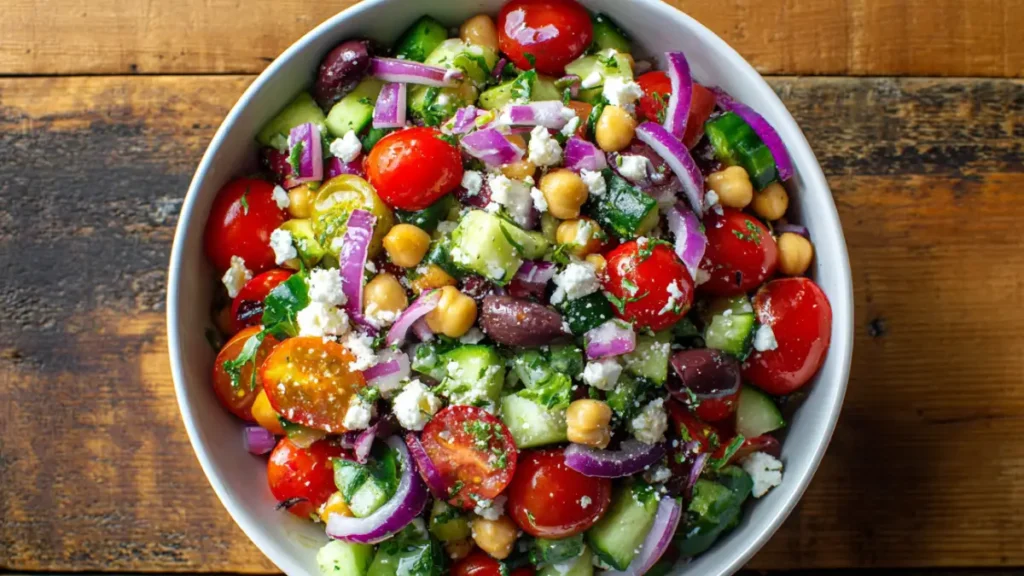 Vibrant Mediterranean chopped salad in a rustic bowl