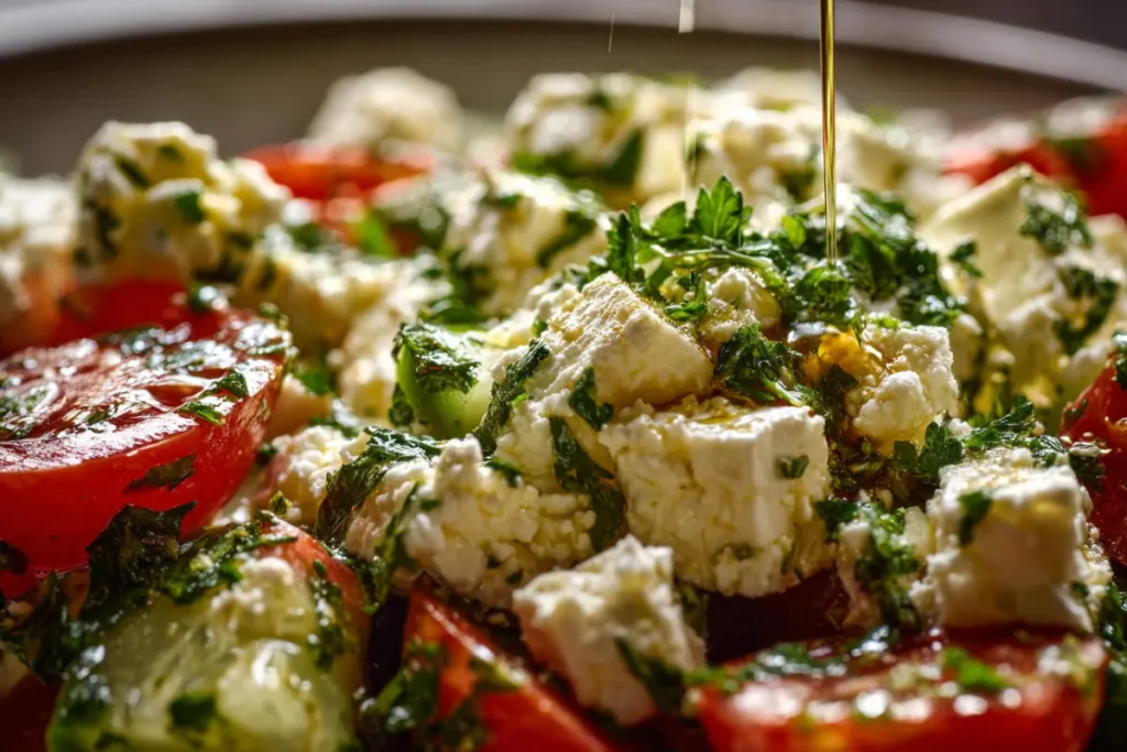 Mediterranean Chopped Salad Made Easy – Fresh, Crunchy, and So Satisfying 31 Feta cheese and herbs being added to chopped salad