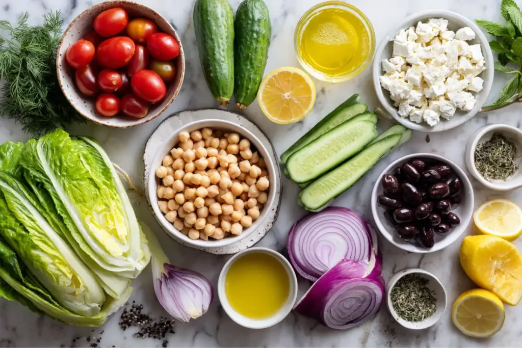 Mediterranean Chopped Salad Made Easy – Fresh, Crunchy, and So Satisfying 19 Mediterranean chopped salad ingredients laid out on marble