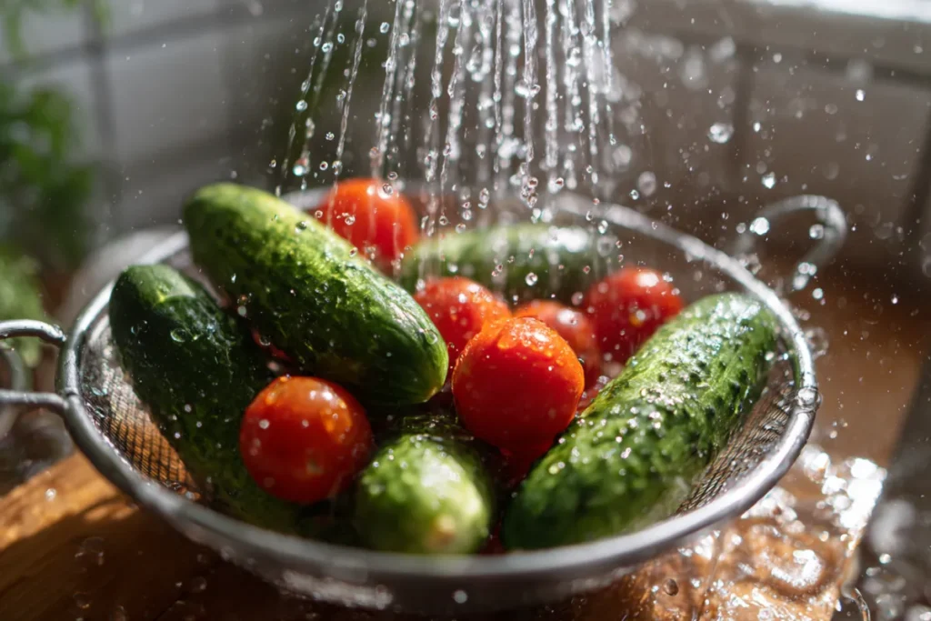 Mediterranean Chopped Salad Made Easy – Fresh, Crunchy, and So Satisfying 23 Fresh cucumbers and cherry tomatoes being washed