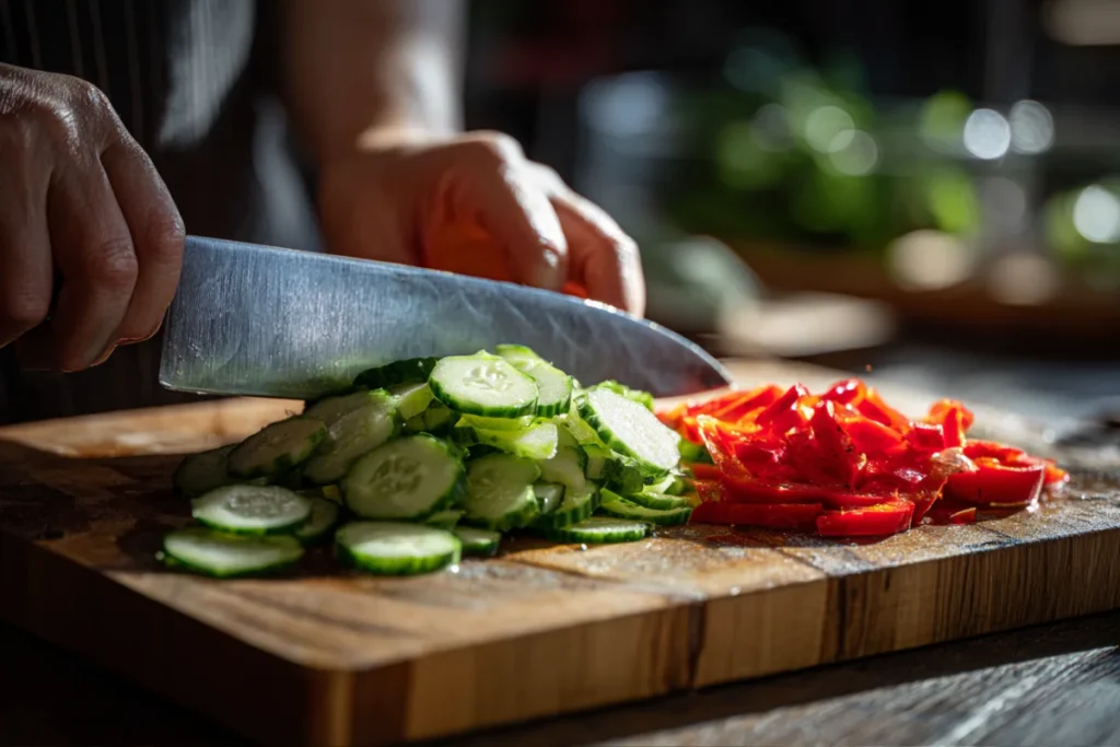 Mediterranean Chopped Salad Made Easy – Fresh, Crunchy, and So Satisfying 24 Chopping vegetables evenly for a Mediterranean chopped salad