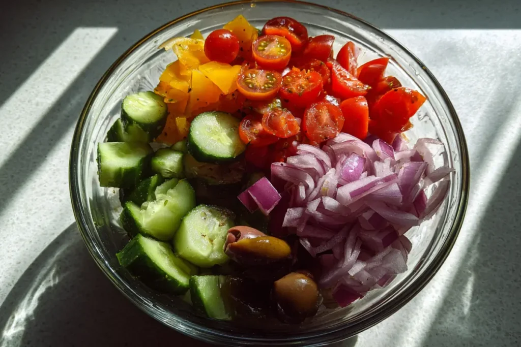 Mediterranean Chopped Salad Made Easy – Fresh, Crunchy, and So Satisfying 26 Bowl layered with colorful Mediterranean vegetables