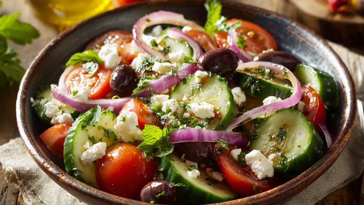 Mediterranean cucumber salad with feta, tomatoes, and olives