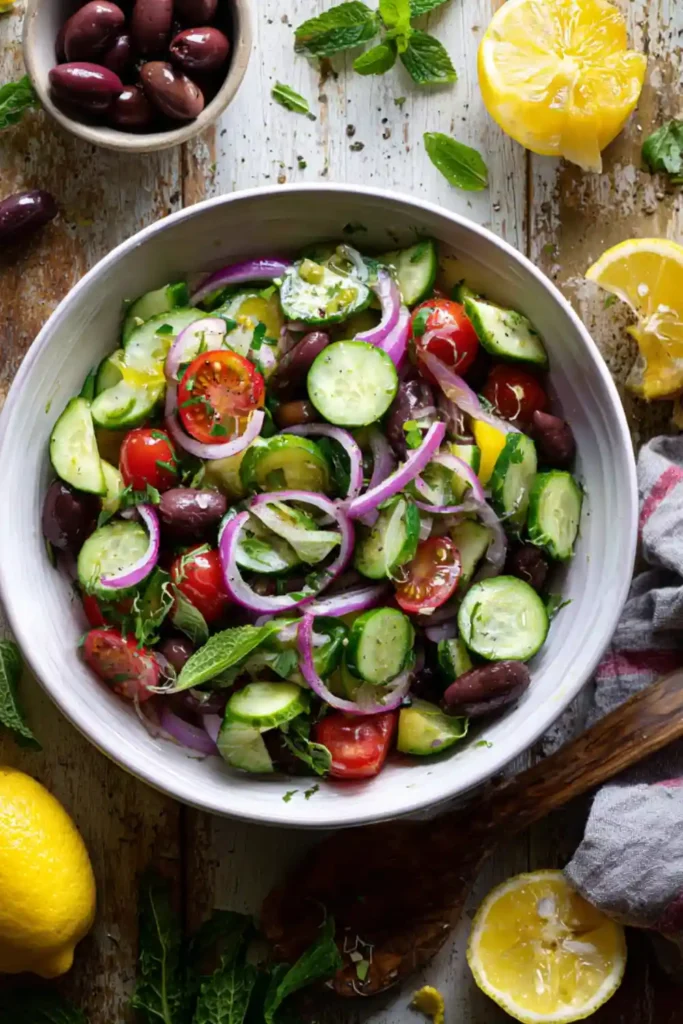 The Best Fresh Mediterranean Cucumber Salad Recipe in Just 10 Minutes 22 Mediterranean cucumber salad Pinterest image with fresh ingredients