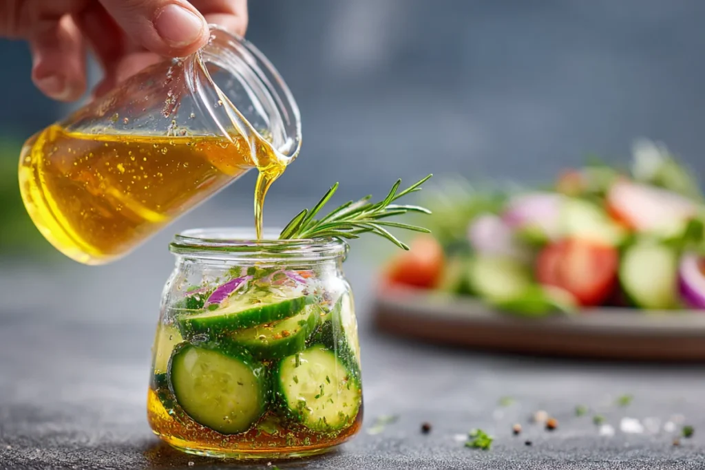 The Best Fresh Mediterranean Cucumber Salad Recipe in Just 10 Minutes 17 Pouring lemon vinaigrette over Mediterranean cucumber salad