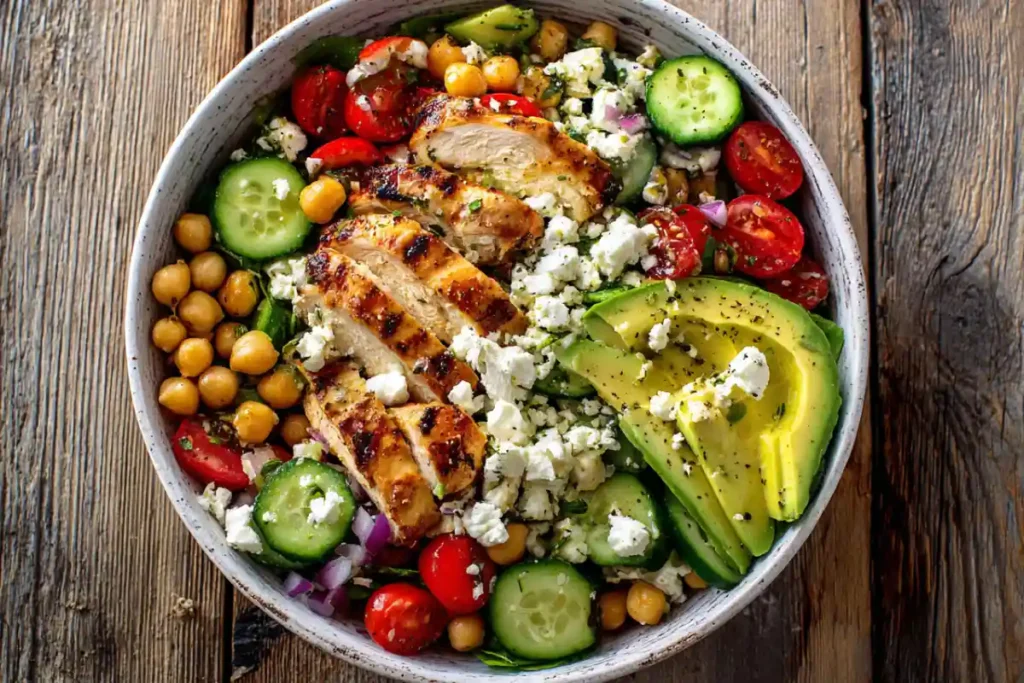 The Best Fresh Mediterranean Cucumber Salad Recipe in Just 10 Minutes 18 Mediterranean cucumber salad bowl with chickpeas, chicken, and feta