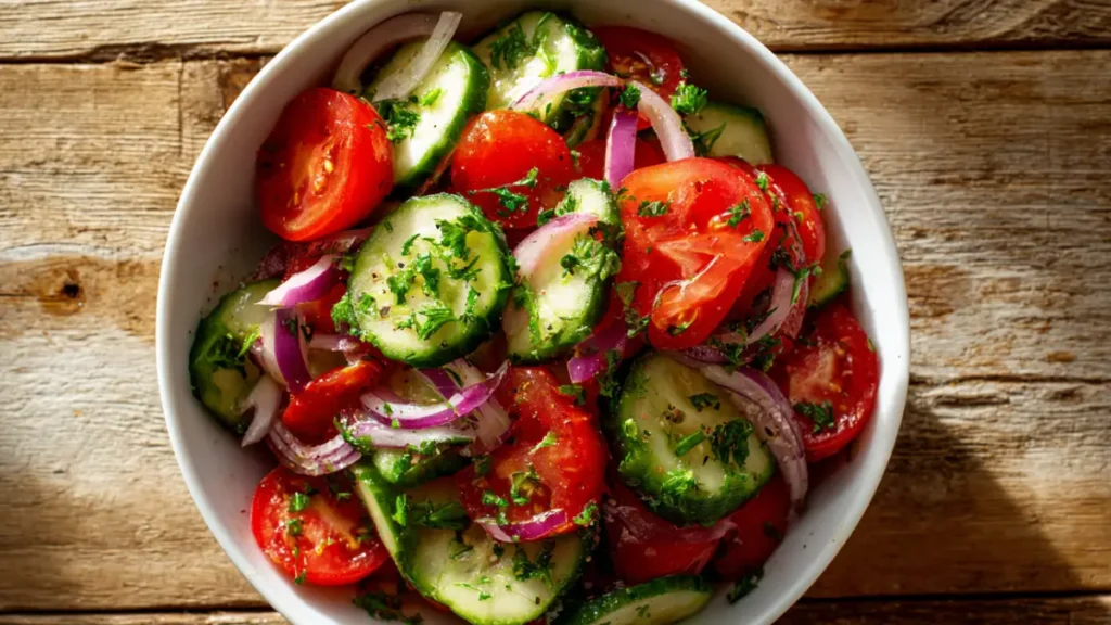 Mediterranean cucumber tomato salad in white bowl