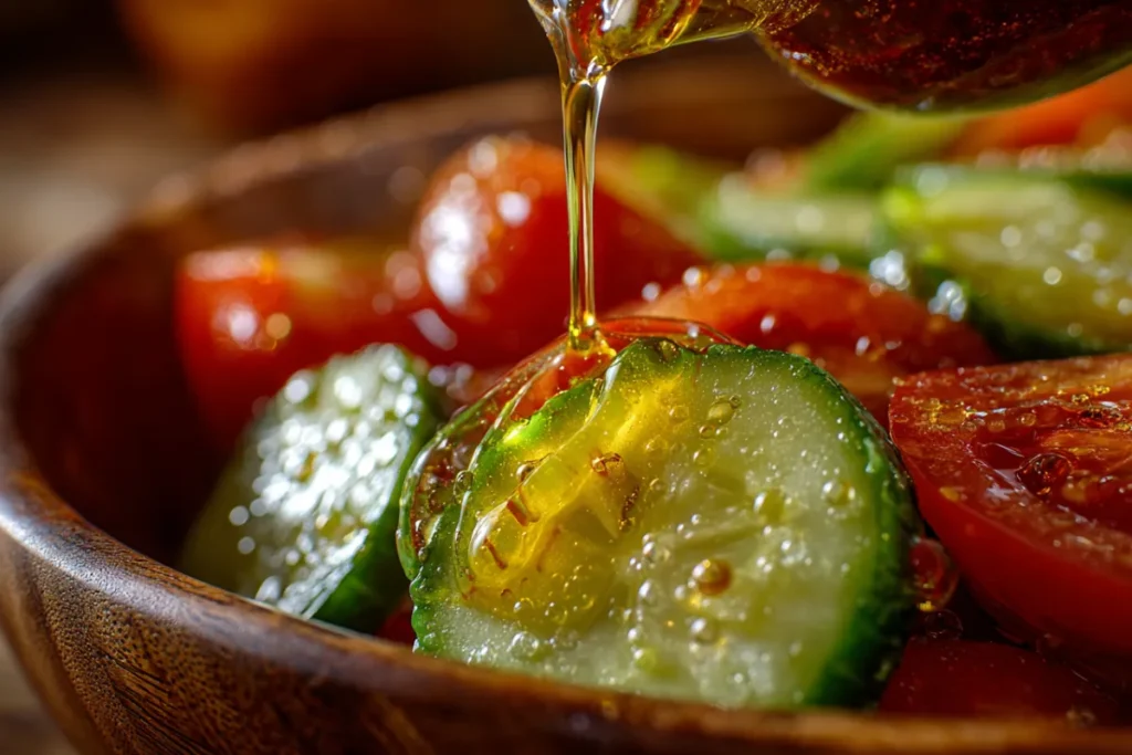 Mediterranean Cucumber Tomato Salad: The Best 10-Minute Summer Side 24 Pouring lemon dressing onto Mediterranean salad