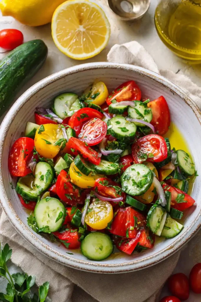 Mediterranean Cucumber Tomato Salad: The Best 10-Minute Summer Side 30 Mediterranean cucumber tomato salad styled for Pinterest