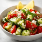 Mediterranean cucumber tomato salad close-up in white bowl