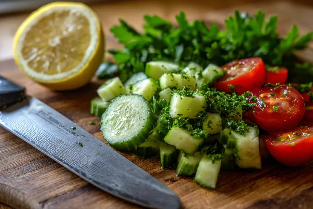 Mediterranean Cucumber Tomato Salad: The Best 10-Minute Summer Side 19 Chopped cucumbers and tomatoes on cutting board