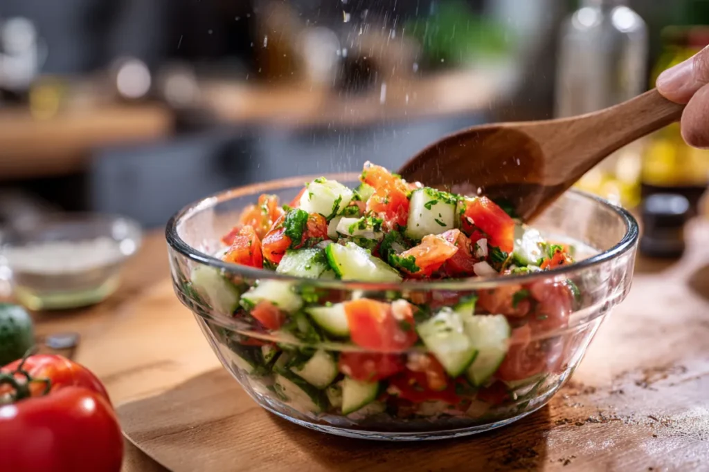 Mediterranean Cucumber Tomato Salad: The Best 10-Minute Summer Side 22 Tossing cucumber tomato salad with herbs and dressing