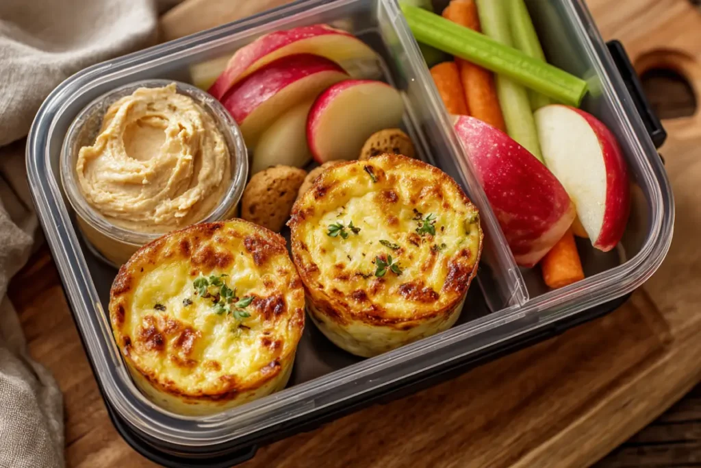 Mini Cottage Cheese Quiche Cups – The Best High-Protein, Crustless Meal Prep Idea 28 lunchbox with mini cottage cheese quiche and healthy sides