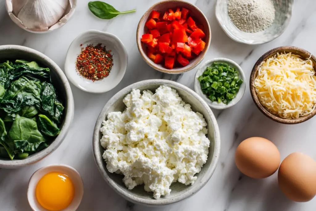 Mini Cottage Cheese Quiche Cups – The Best High-Protein, Crustless Meal Prep Idea 18 flat lay of ingredients for mini cottage cheese quiche cups