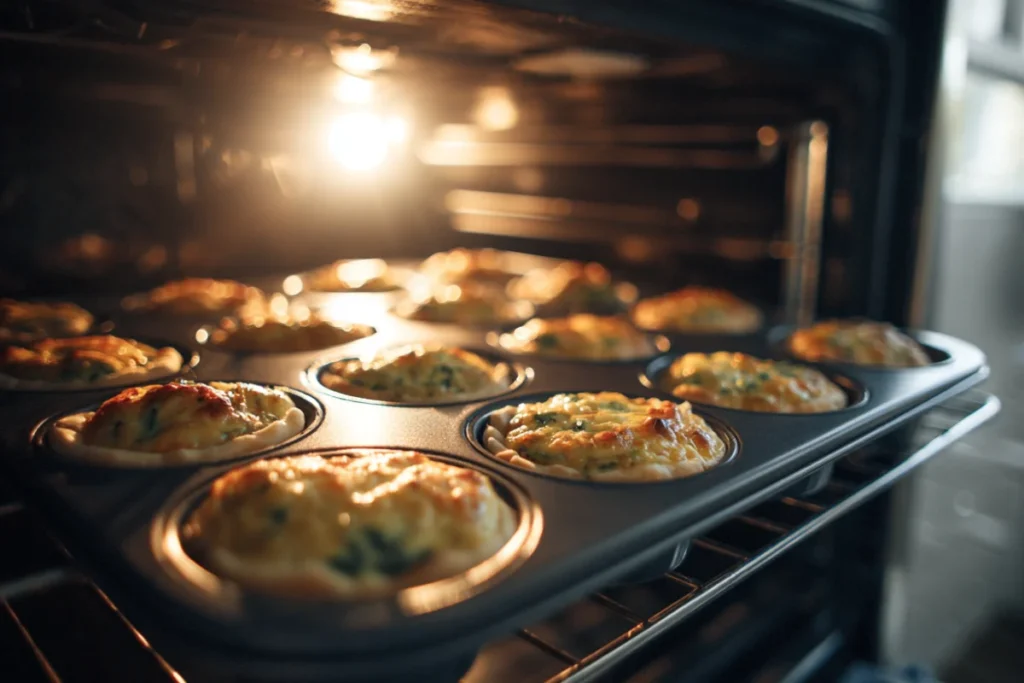 Mini Cottage Cheese Quiche Cups – The Best High-Protein, Crustless Meal Prep Idea 23 mini cottage cheese quiche cups baking until golden