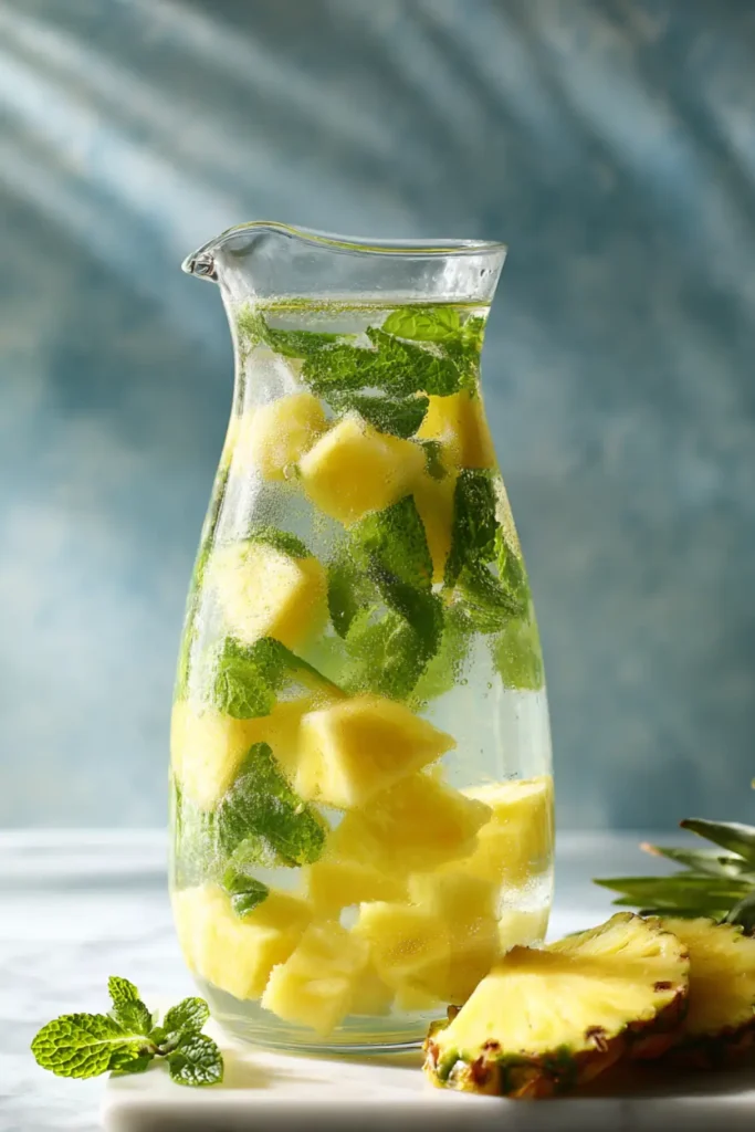 Feel Refreshed with Pineapple Mint Infused Water for Digestion 20 Vertical Pinterest image of pineapple mint infused water in a glass pitcher with tropical ingredients