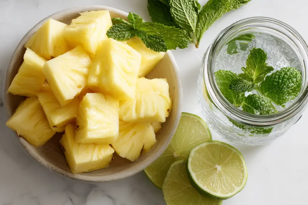 Feel Refreshed with Pineapple Mint Infused Water for Digestion 13 Flat lay of pineapple and mint ingredients for infused water
