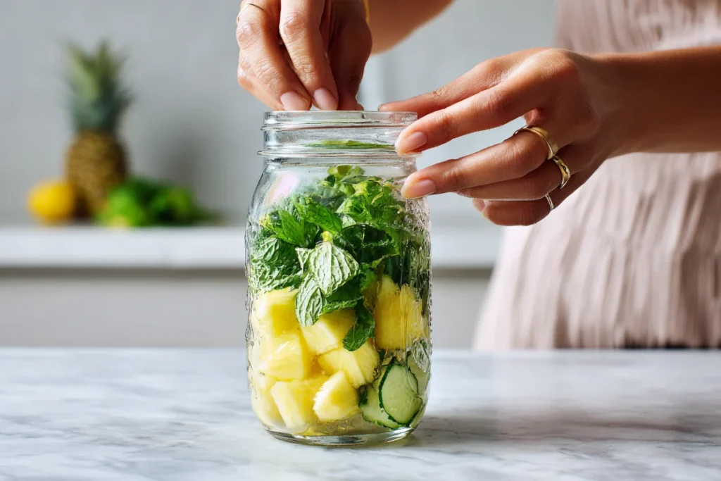 Feel Refreshed with Pineapple Mint Infused Water for Digestion 14 Adding pineapple and mint into mason jar