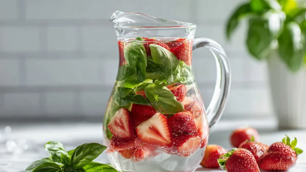 Pitcher of strawberry basil infused water with fresh ingredients on a marble background