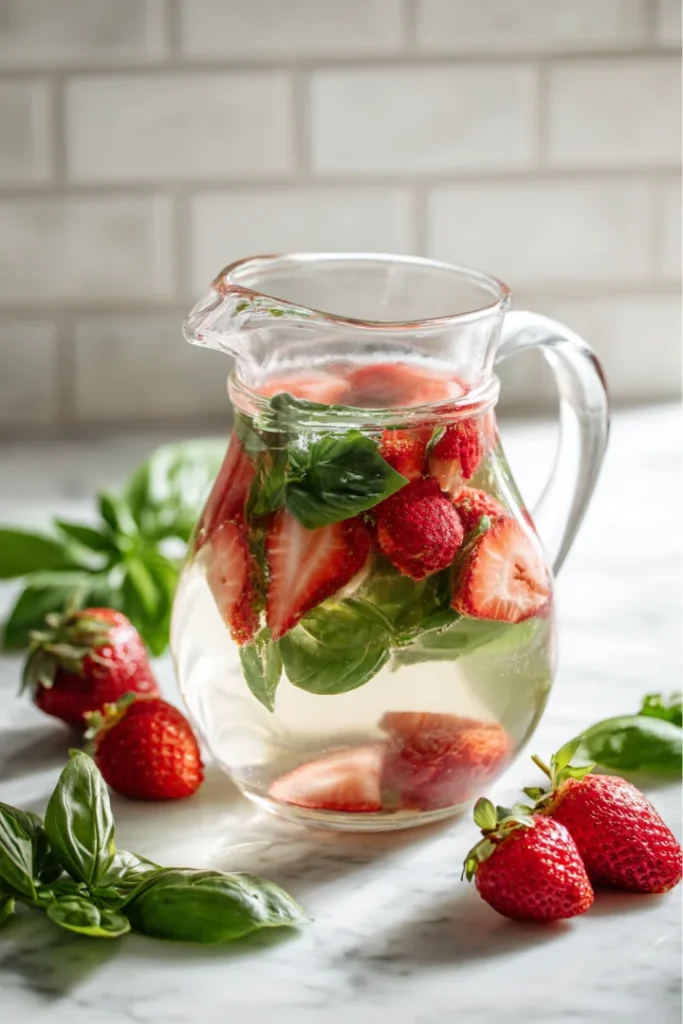 Unlock Radiance with Strawberry Basil Infused Water Benefits 11 Pitcher of strawberry basil infused water with fresh ingredients