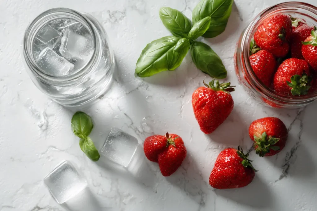Unlock Radiance with Strawberry Basil Infused Water Benefits 12 Flat lay of ingredients for strawberry basil infused water