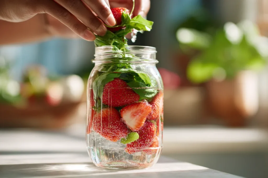 Unlock Radiance with Strawberry Basil Infused Water Benefits 13 Hand adding strawberries and basil into jar of water