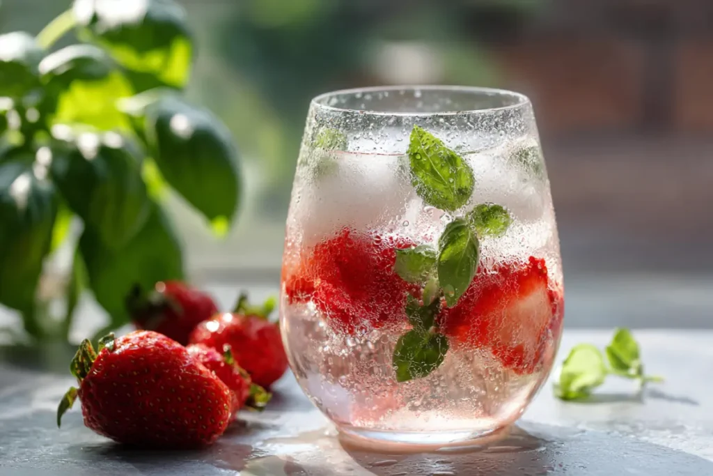 Unlock Radiance with Strawberry Basil Infused Water Benefits 14 Glass of iced strawberry basil water with fresh herbs and berries
