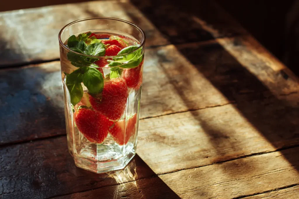 Unlock Radiance with Strawberry Basil Infused Water Benefits 17 Single serving of strawberry basil water in sunlight