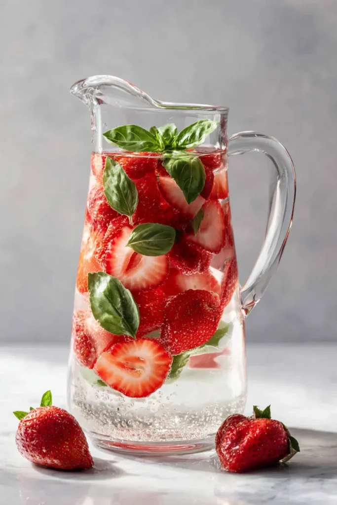 Unlock Radiance with Strawberry Basil Infused Water Benefits 18 Pinterest-style vertical image of strawberry basil infused water in a glass pitcher with fruit and herbs