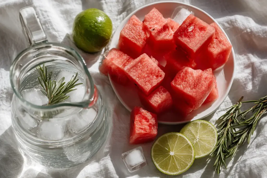 Ultimate Summer Watermelon Rosemary Infused Water Recipe 11 Clean flat lay of infused water ingredients on white linen