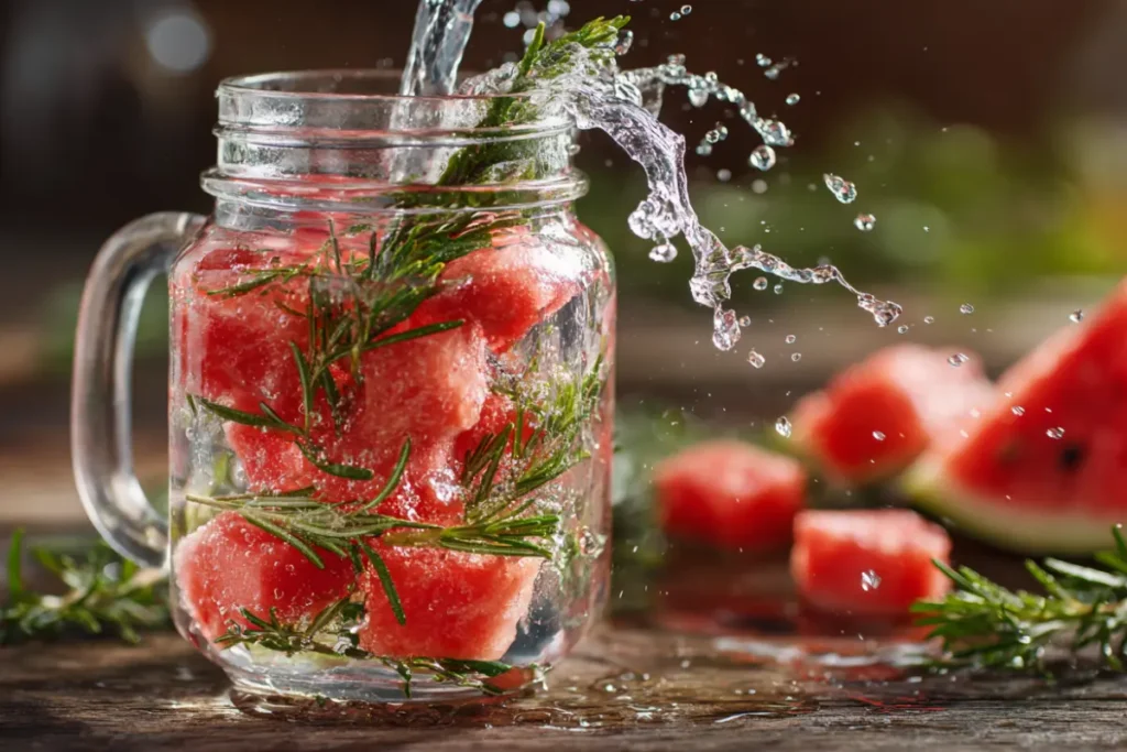 Ultimate Summer Watermelon Rosemary Infused Water Recipe 12 Pouring water over fruit and herbs in a jar