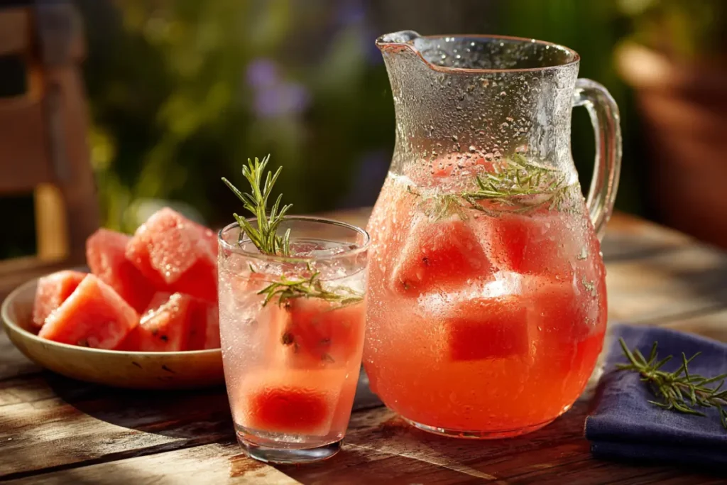 Ultimate Summer Watermelon Rosemary Infused Water Recipe 13 Infused water pitcher on outdoor table, chilled and ready