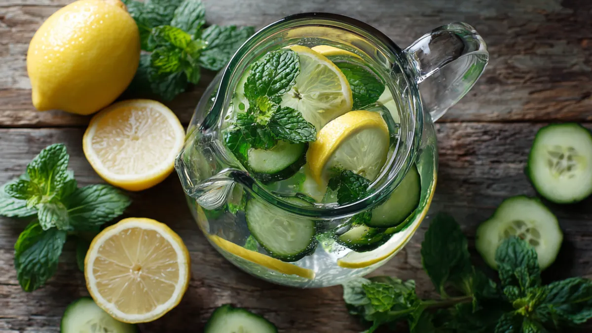 Glass pitcher filled with lemon cucumber mint detox water on rustic wooden table with sliced ingredients around