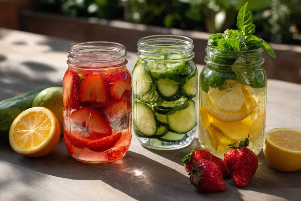 Stay Refreshed with Lemon Cucumber Mint Detox Water Benefits 22 Three infused water jars: strawberry basil, ginger lemon, and cucumber mint lined up