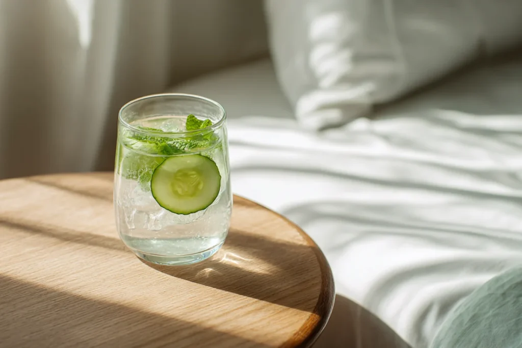 Stay Refreshed with Lemon Cucumber Mint Detox Water Benefits 23 Minimal glass of cucumber mint water on a bedside table in morning sunlight