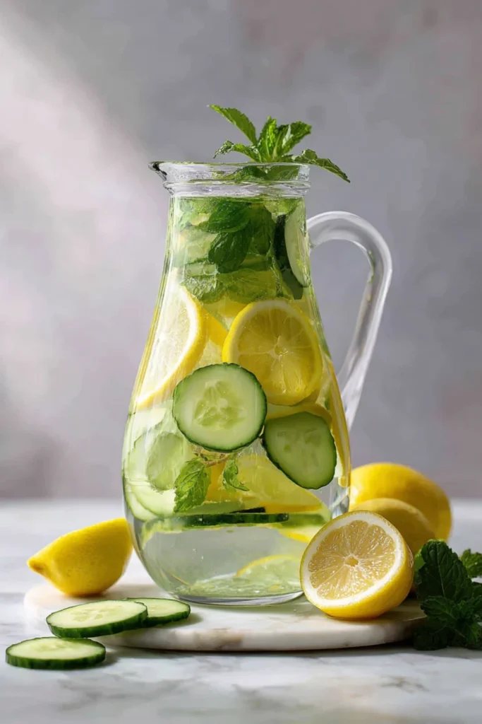 Stay Refreshed with Lemon Cucumber Mint Detox Water Benefits 24 Vertical Pinterest image showing lemon cucumber mint detox water in a pitcher with fresh herbs and fruit around it
