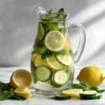 Tasty-style card showing cucumber mint detox water ingredients and recipe steps on white marble background