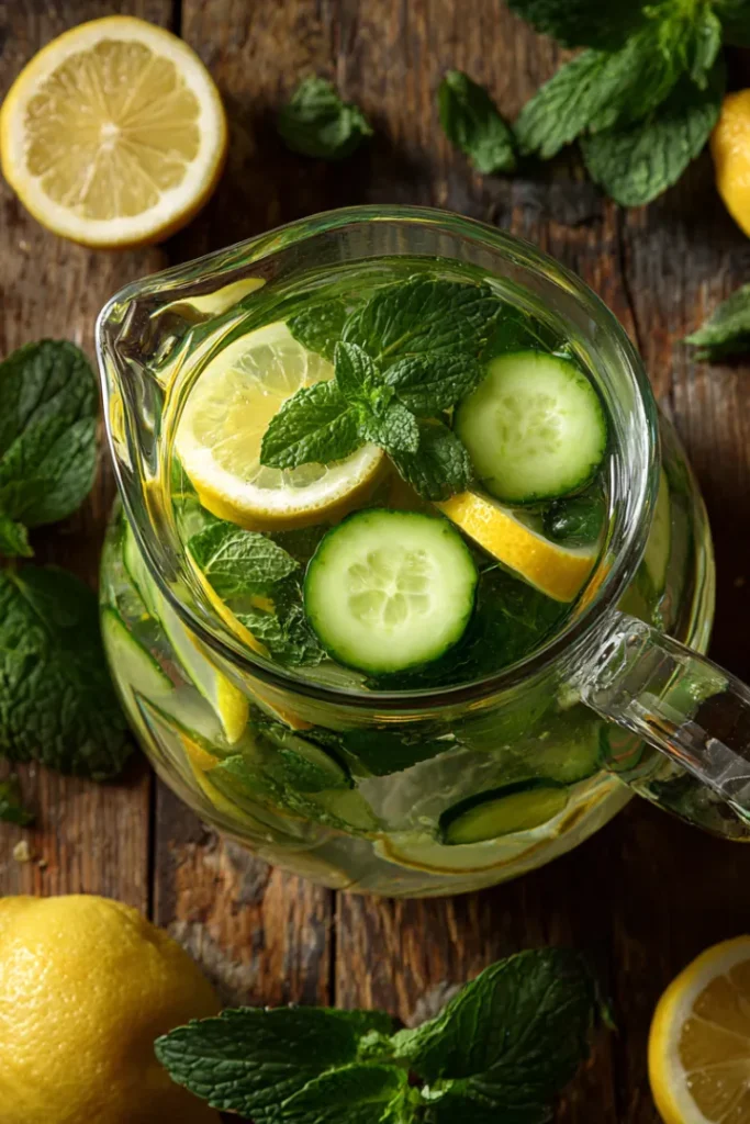 Stay Refreshed with Lemon Cucumber Mint Detox Water Benefits 14 Glass pitcher filled with lemon cucumber mint detox water on rustic wooden table