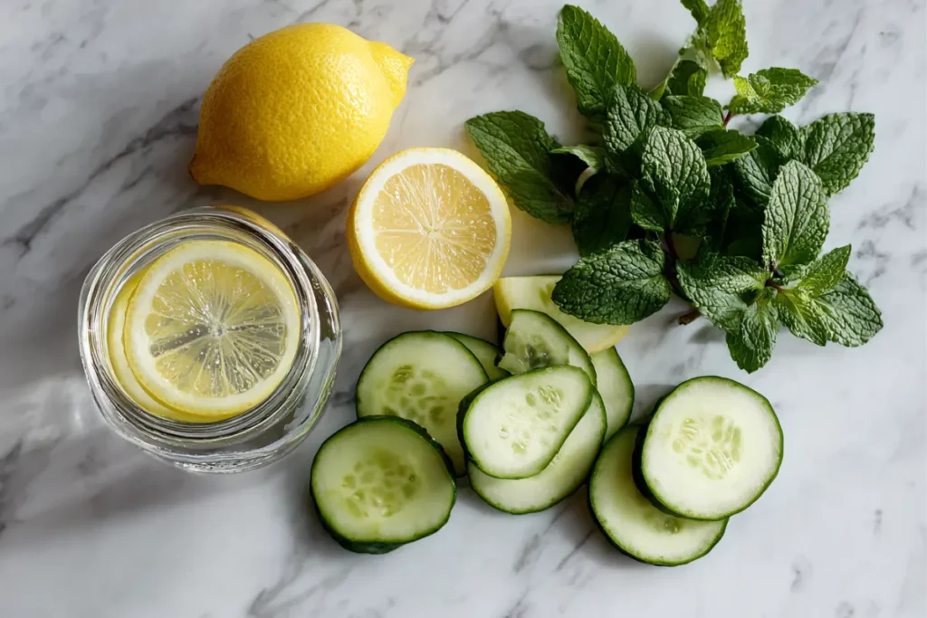 Stay Refreshed with Lemon Cucumber Mint Detox Water Benefits 15 Flat lay of lemon slices, cucumber, mint, and water on a white marble background