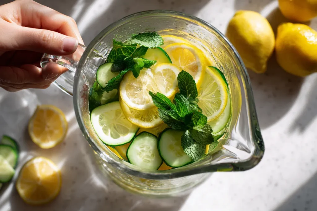 Stay Refreshed with Lemon Cucumber Mint Detox Water Benefits 16 Hand adding lemon slices, cucumber, and mint leaves to a clear pitcher